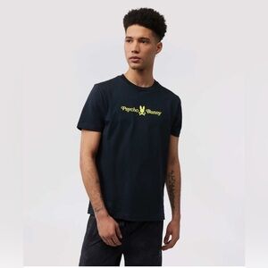 Psycho Bunny Men's Wallis Navy T-Shirt with Neon Yellow Logo Size 9 Cotton